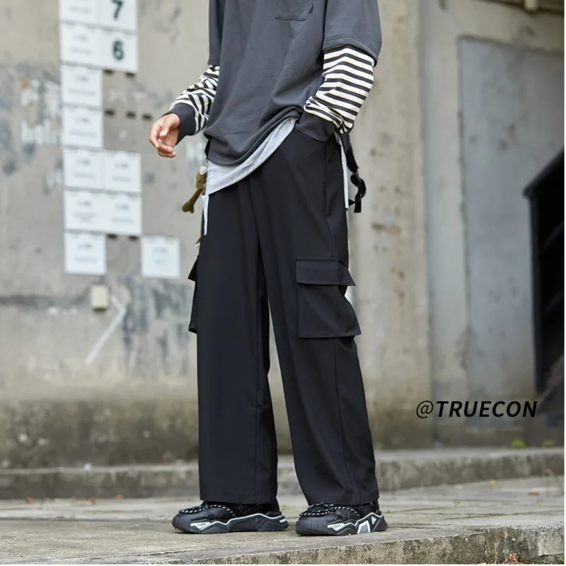 Весна и осень драпированный свободный гладильный костюм свободные прямые маленькие широкие брюки повседневные мужские черные/серые M-XL