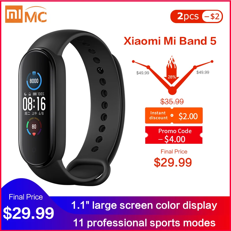 Bracelet intelligent Original Xiaomi Mi Band 5 4 couleurs 1.1 "AMOLED écran fréquence cardiaque Fitness Tracker Bluetooth 5.0 étanche Miband5|Bracelets connectés|   - AliExpress