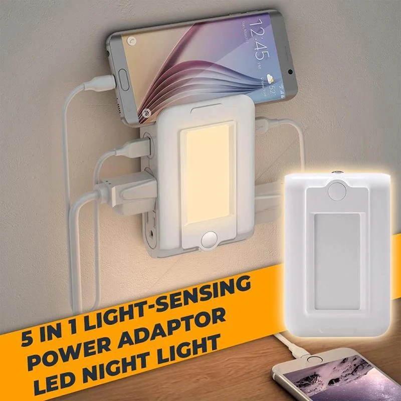 

5in 1 Power Adapter USB Charging Socket Light Control Intelligent Sensor LED Night Light Mobile Phone Shelf Dropship