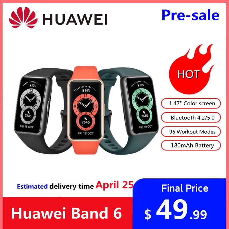 Original Huawei Band 6 Smartband 1.47'' AMOLED Screen Heart Rate Tracker Sleep monitoring BT 5.0 Wristband Global Version