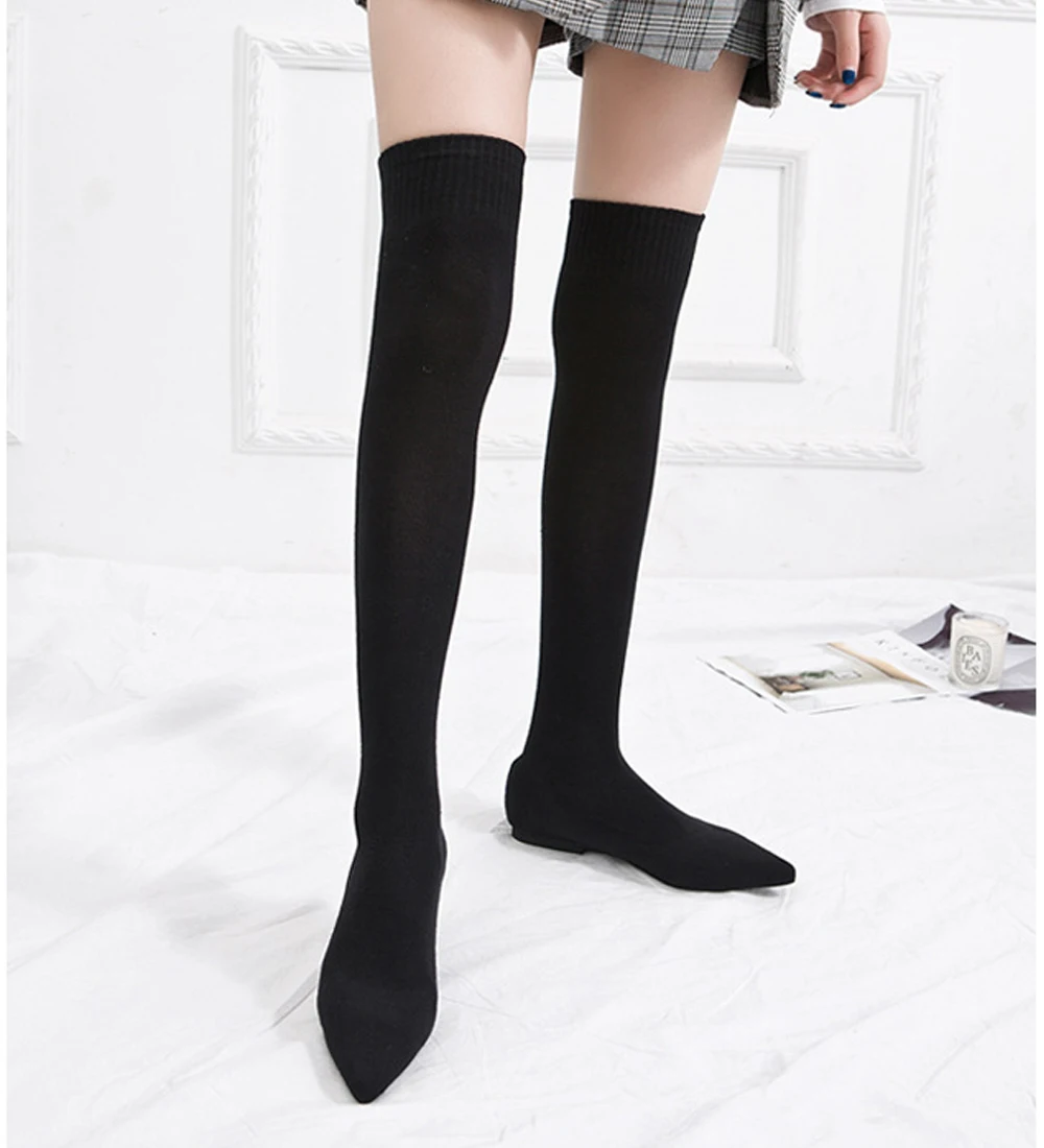 HIBISMIX/Женские Сапоги выше колена; модные сапоги с острым носком на плоской подошве; женские высокие сапоги из эластичной ткани; женская обувь; 1359