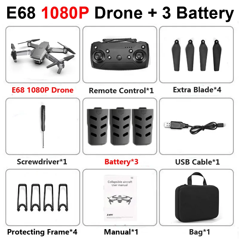 E68 складной Профессиональный Дрон с камерой 4K HD селфи WiFi FPV широкоугольный оптический поток RC Квадрокоптер вертолет детская игрушка E520S - Цвет: E68 1080P 3b Bag