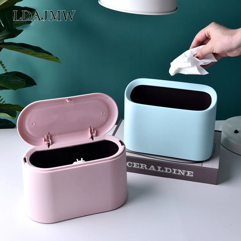 

Green Plastic Trash Can Desktop Small-scale Covered Storage Container Living Room Kitchen Double Debris Storage Box