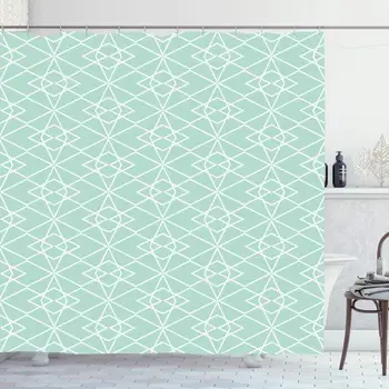 

Shower Curtain Set with Hooks 66x72 Inches Mosaic Tile Pattern Mint Green Triangle White Baby Abstract Design Tiled Floral
