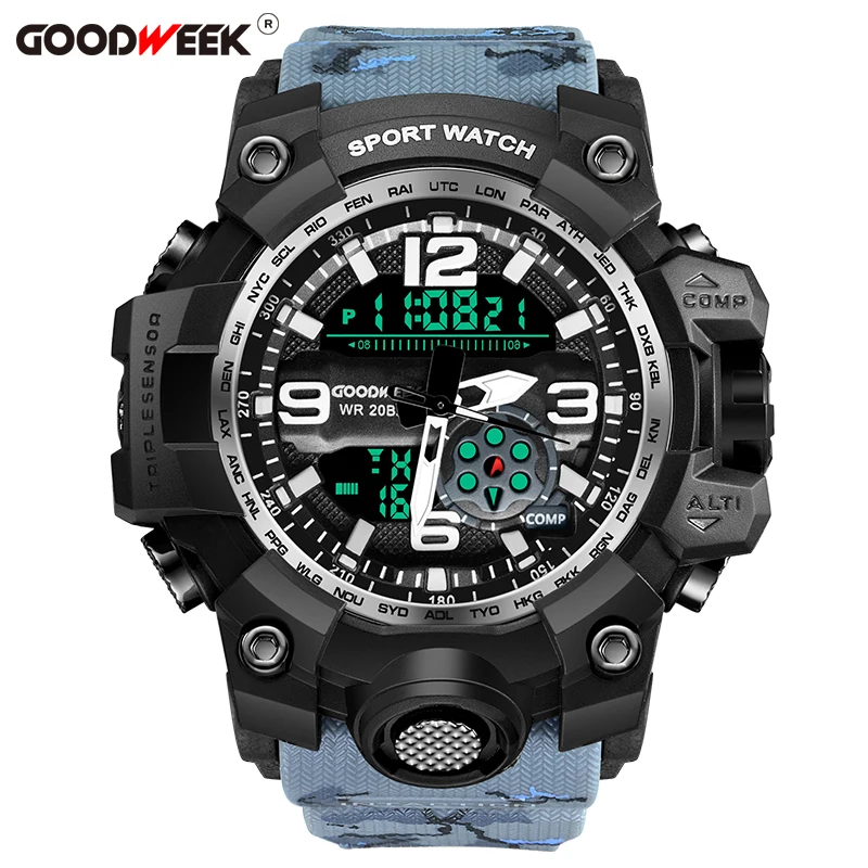 GOODWEEK мужские спортивные часы водонепроницаемые военные часы с двойным дисплеем мужские часы аналогово-цифровые кварцевые наручные часы - Цвет: gray