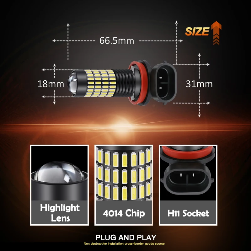 OBOLED 2PCS 9005 HB3 9006 HB4 H10 H11 Fog Bulb 5202 PSX24W Car Auto Driving Running Lamp 4014Chip DRL 6000K White 1051LM 12-24V