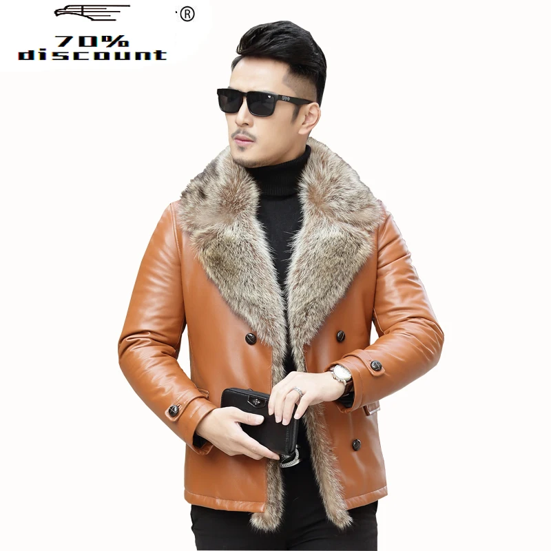 

Men's Leather Jacket Short Winter Genuine Leather Sheepskin Coat for men Real Raccoon Fur Collar F-598 KJ2434