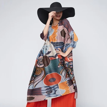 

LANMREM 2020 spring summer new pleated dresses famale temperament print elegant irregular vent hem dress women half sleeve YJ267