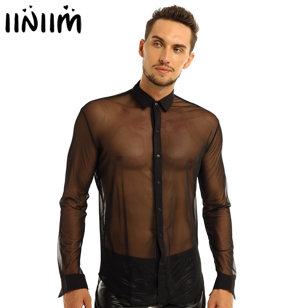 Iiniimメンズファッションシースルーメッシュ長袖クラブウェアターンダウンカラートップシャツクラブイブニングパーティーウェットルックシャツ F Shirts Fashion Shirtsee Through Shirts Aliexpress