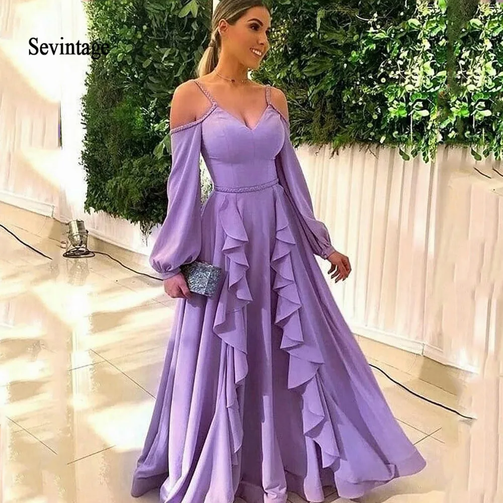 

Sevintage Spaghetti Straps A-line Prom Dresses Long Sleeves Chiffon Off the Shoulder Evening Formal Gowns Vestidos De Fiesta