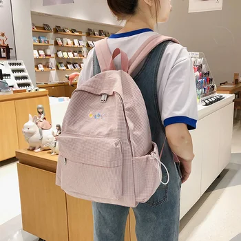 

Classic Plaid Women Backpacks Preppy Style School Bags for Teenage Girls Pure Color Cotton Backpack Female Mochila Bagpack Pack