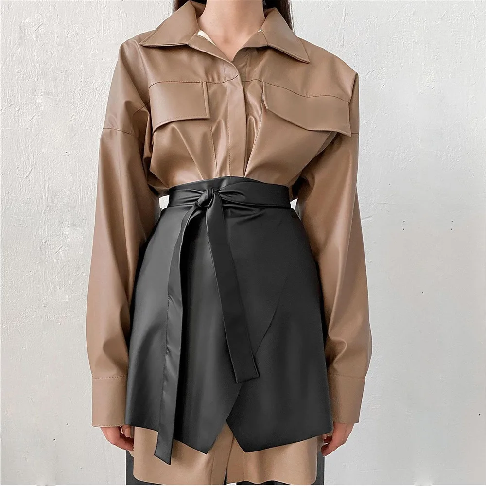 

High Street Women Leather Solid Color Black Skirt Zaraing Sexy A-line Knee Length Tight High Waist Skirt Ladies Female Clothing