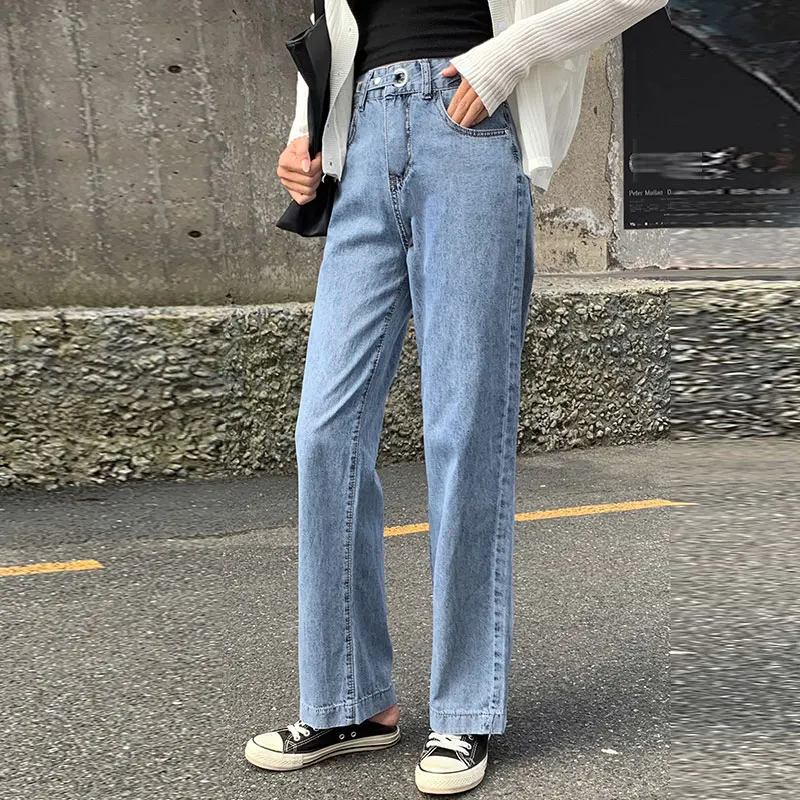 light blue Длинные джинсы женские свободные осенние прямые брюки с высокой талией корейские широкие брюки джинсы Mujer - Цвет: light blue