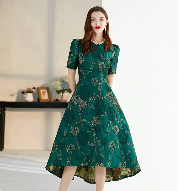 Quality Women short Sleeve Maxi summer Dress Elegant Boho Floral Jacquard Dress Fashion Party Long Autumn Dress