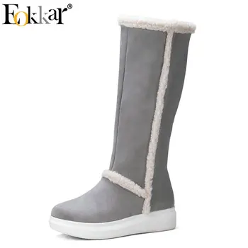 

Eokkar 2020 Women Knee High Boots Fashion Women Shoes Zipper Wedges Heel Flock Sonw Boots Warm Winter Ladies Boots Size 34-43