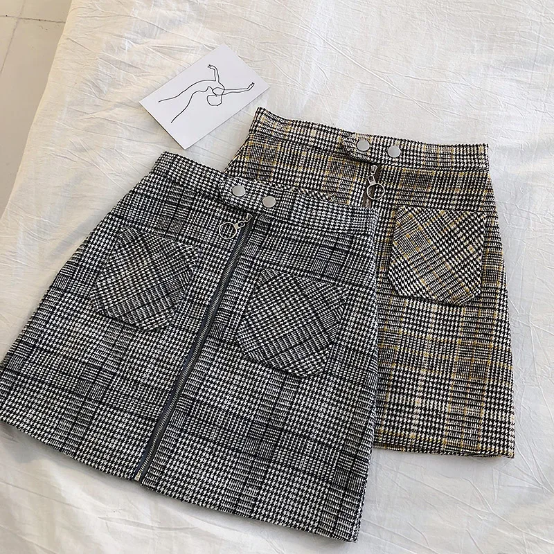 

Autumn and winter 2019 new retro high waist double pocket ring zipper wool plaid A word skirt