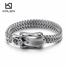 Полированный Череп Браслеты с подвесками для мужчин из нержавеющей стали блестящая сетка звено цепи браслет в виде ремня с пряжкой Панк ювелирные изделия