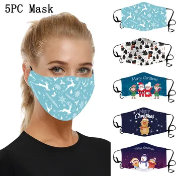 

5pc C Christmas M-ask For Adult Comfortable Cotton Face-m-ask Washable Christmas Pattern Design Decoration For 2020 New Year