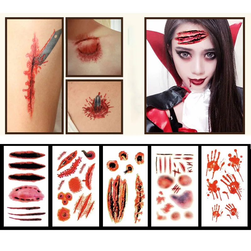 

1Pc Halloween Party Tattoos Stickers Waterproof Terror Bloody Realistic Face Stickers Scar Temporary Fake Tattoo Arm Sticker