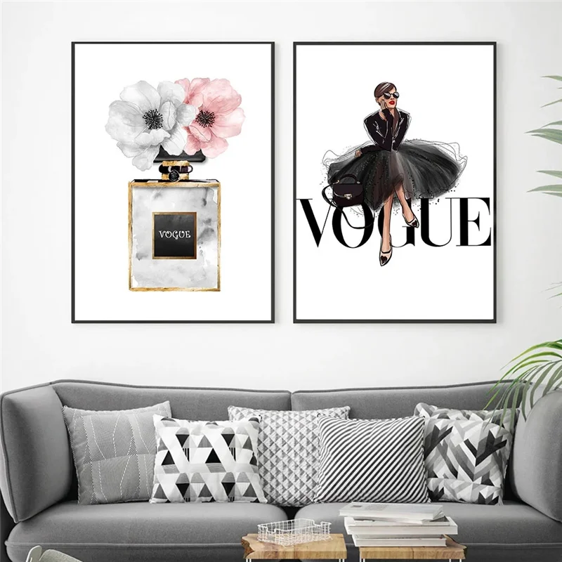 

Fashion Women Dress Canvas Poster Nordic Wall Art Perfume with Flower Print Painting Decoration Picture Home Decor No Frame
