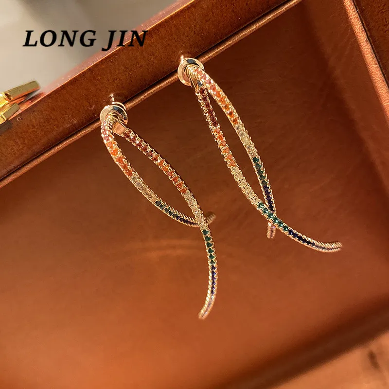

Rainbow Curve Bar Radian Earrings Inlaid With Colorful Zircon Linear Wave Twisted Removable Female Exquisite Earring Ornament