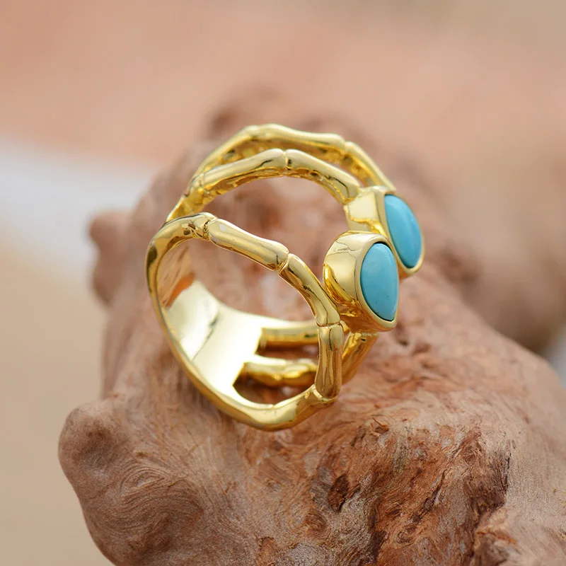High Quality Stone Rings Jewelry Fashion Gold Color Turquoises Luxury Party Cocktail Ring Size 6.75