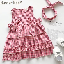 Humor Bear/ г. Платье для девочек; новое летнее платье-майка в клетку с бантом на спине; платье принцессы+ повязка на голову; платье для маленьких девочек