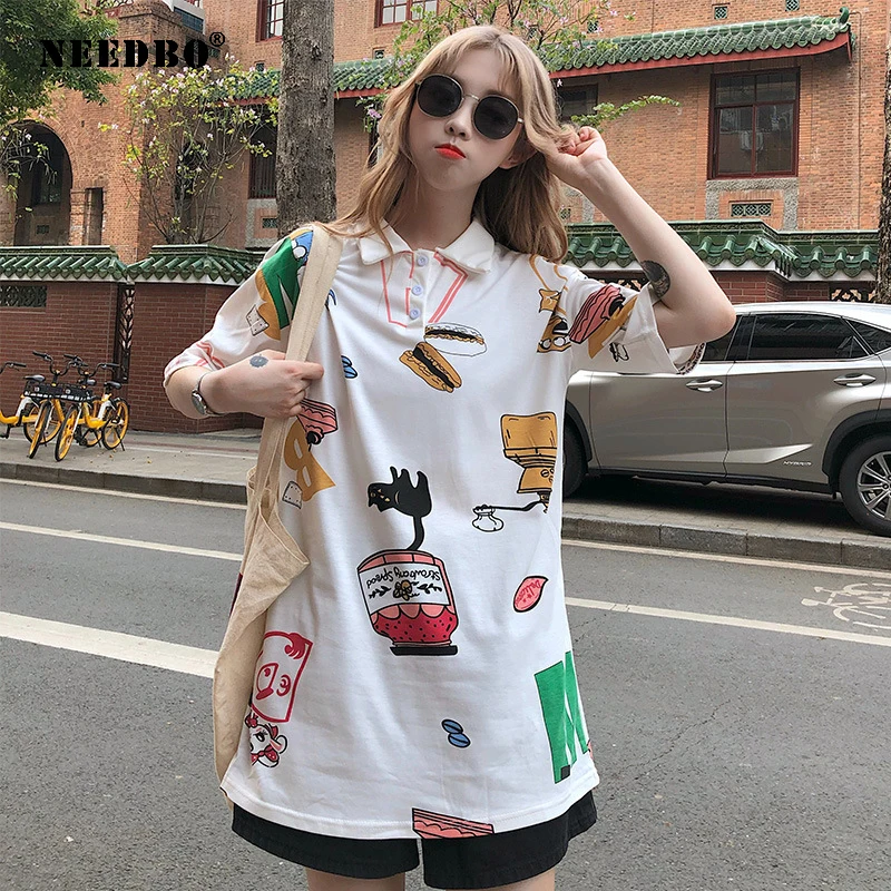 más y más De ninguna manera comprender NEEDBO-Polo largo de algodón para Mujer, Camiseta estampada de manga corta,  Polos informales, Tops de talla grande - AliExpress