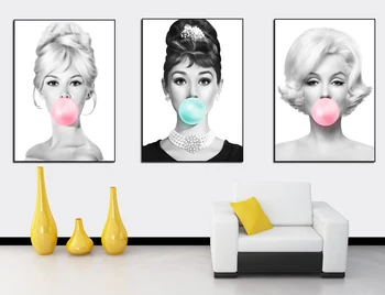 

Audrey Hepburn Bubble Gum Wall Art Canvas Fashion Posters Brigitte Bardot & Marilyn Monroe Prints Painting Pictures Home Decor