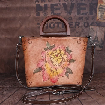 

Women Genuine Leather Messenger Crossbody Embossed Bags Multi-Capacity Peony National Style Female Handbag Shoulder Tote Bag