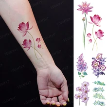

Transl Temporary Tattoo Sticker Woman Girl Lotus Line Watercolor Flower Plant Peony Rose Flash Tatoo Arm Body Art Fake Tatto Man