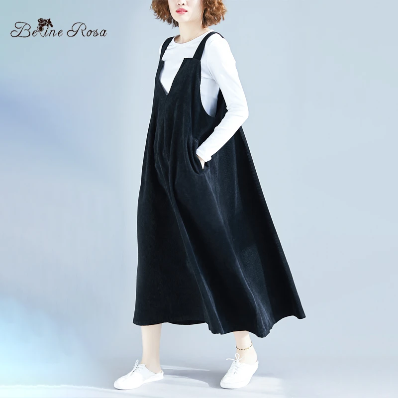 Tanie BelineRosa Plus kobiet rozmiar odzieży w czysty czarny bez rękawów zagęścić sztruks kamizelka sukienki damskie LSMM0004