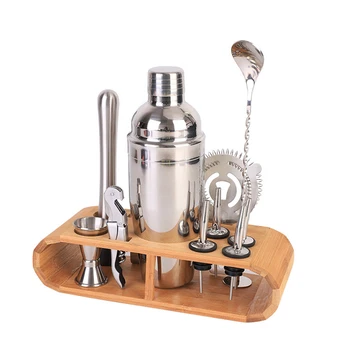 

12pcs 750ml Stainless Steel Cocktail Shaker Mixer Wine Martini Shaker Set with Wooden Rack for Bartender Drink Party Bar Tools