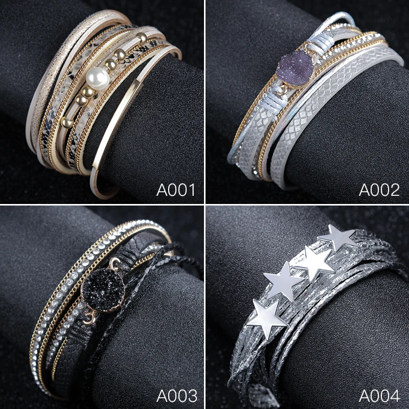 QCOOLJLY жемчужный Многослойный кожаный браслет на запястье Женские винтажные браслеты Подвески Pulseira свадебное украшение бижутерия