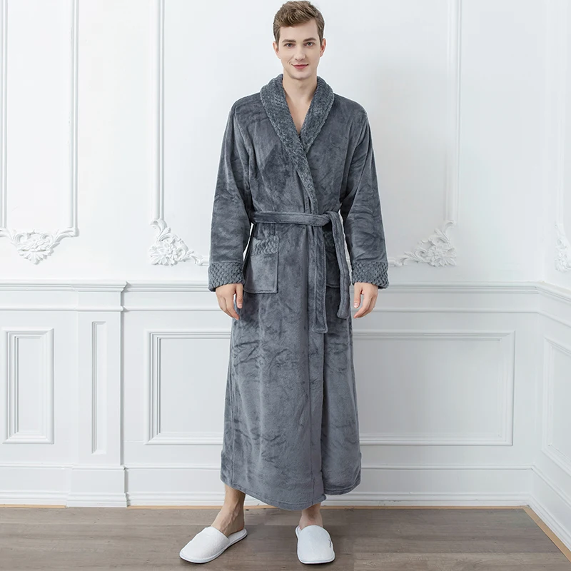 Extra Long Thick Waffle Coral Fleece Winter Warm Bath Robe Men Women Flannel Kimono Bathrobe Male Dressing Gown Mens Nightwear pajama pants Men's Sleep & Lounge