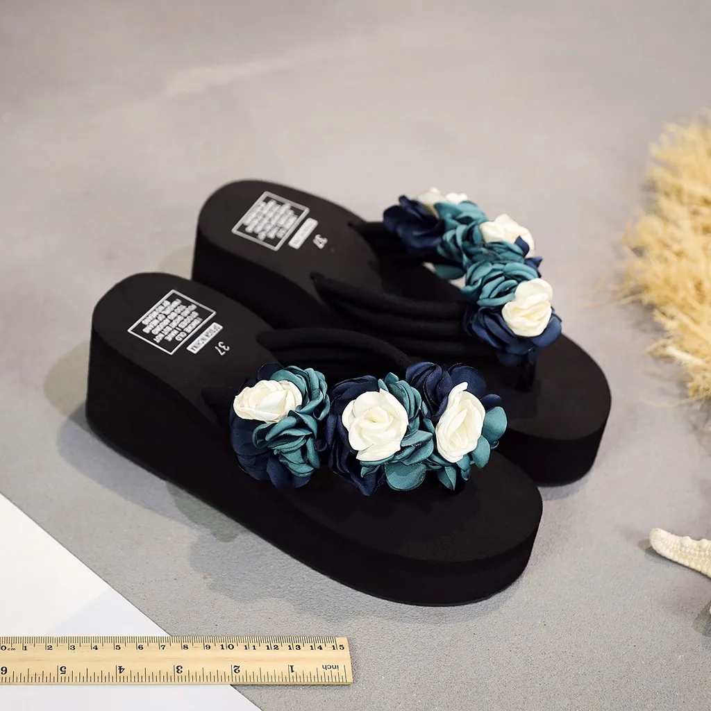 Босоножки; летние модные шлепанцы; женская обувь без шнуровки с открытым носком на танкетке; летние пляжные шлепанцы на каблуке с цветным цветком;#1217