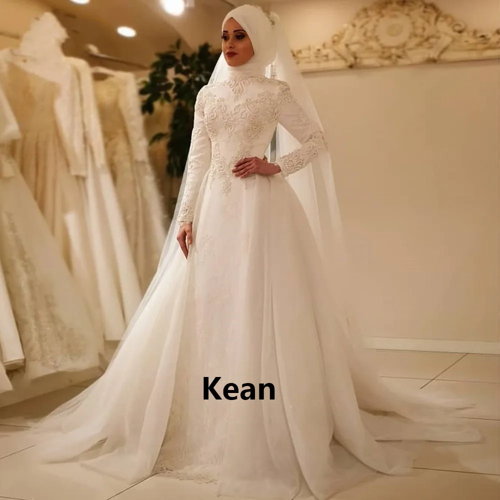 

Fashion Muslim Wedding Dress Detachable Train Lace Full Sleeve Scarf Hijab Dubai Arabic Robe De Mariee Custom Made New Arrival