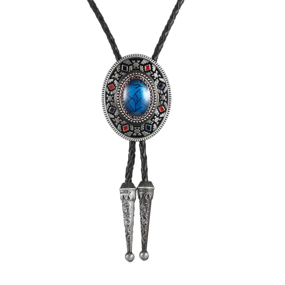 Blue turquoise Bolo tie for woman women Handmade Western Art Indian Alloy Necktie silvr star Pentagram