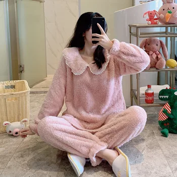 

FZSLCYIYI Thick Warm Nightwear Sweet Pyjamas Winter Women Coral Flannel Pajamas Sets Female Long Sleeve Pants Pijama Homewear