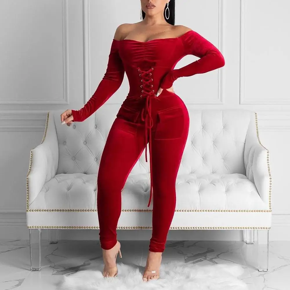 

Solid Slash Neck Long Sleeve Two Piece Set Drawstring Off Shoulder Women Tracksuit Bodycon Long Pants Women Suits