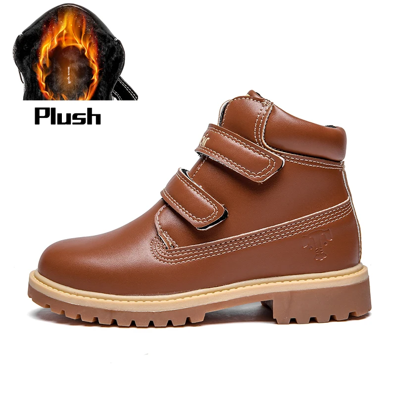 Г. Зимние ботильоны из натуральной кожи на меху для мальчиков, модные детские зимние ботинки для маленьких девочек детские ботинки с мехом в байкерском стиле - Цвет: Brown(Plush)