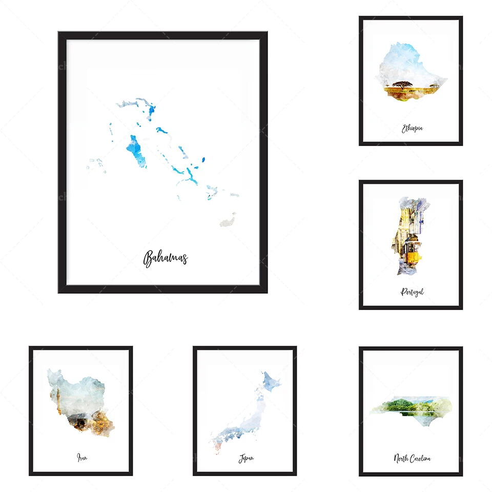 Japon Aquarelle Carte Imprimer-Etat, Carte Paga, Carte, Voyage, Impression, Affiche Murale Art Home Decor Grand Mur Art Gelle