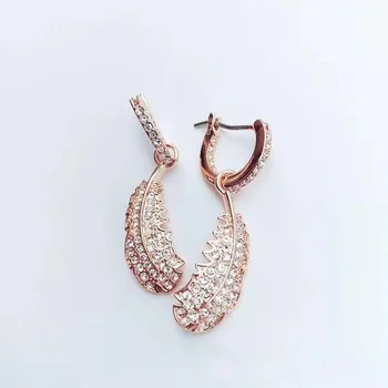 

High quality SWA classic fashion electroplate inlaid zircon feather lucky Earrings