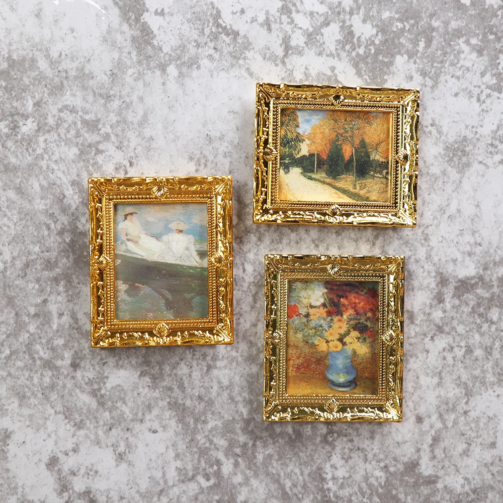 1:12 Scale Mini Oil Painting for Decor Dollhouse Kids Toys Doll House Miniature Ornament Resin Crafts Vintage Framed Photos
