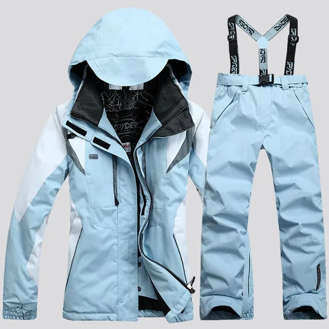 Women's Winter Jackets Pant Suits Windproof Rainproof  Warm Skis Snowboard Set Fashionable Female Skiing Wears Hooded Suspenders Blue