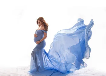 

Maternity Photography Props Pregnancy Clothing Cotton+Chiffon Maternity Off Shoulder Half Circle Gown Shooting Pregnant Dress