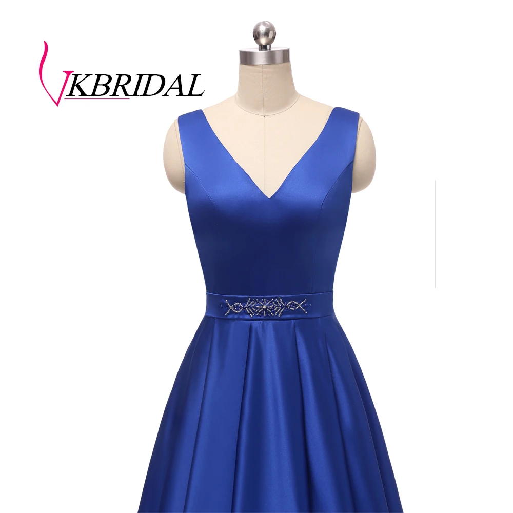 VKBRIDAL Королевского синего цвета вечерние платья для женщин 2019 трапециевидной формы с v-образным вырезом атласное Формальное длинное платье