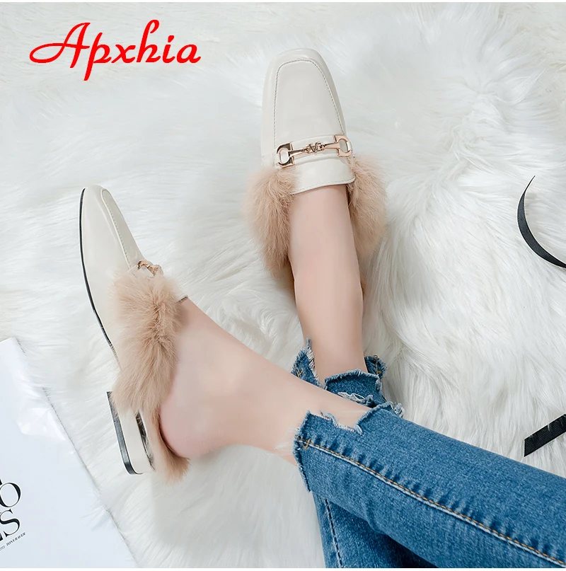 Aphixta/Роскошная металлическая пряжка; тапочки из натурального кроличьего меха; женская обувь; теплые шлепанцы на квадратном каблуке с натуральным мехом; Mujer; большие размеры 34-43