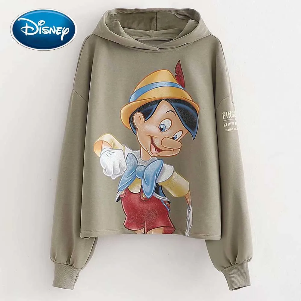 

Disney Fashion The Adventures of Pinocchio Cartoon Letter Print T-Shirt Hoodie Pullover Long Sleeve Casual Harajuku Women Tops
