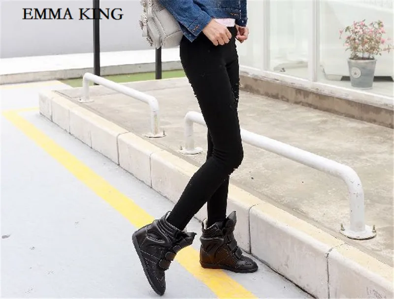 Autumn and winter Newest Fashion Designer Women Hook Loop Sneakers 8cm Invisible Inside Heighten Women Leather Ankle Boots